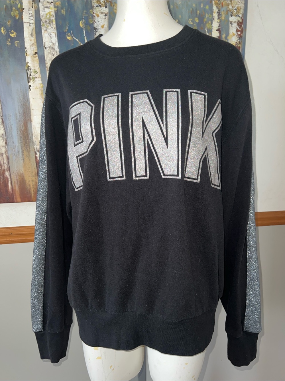 PINK Victoria's Secret Black Crewneck Sweatshirt with Silver Glitter Accents
